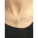 Rosenquarzstein mit Diamant Flügel des Reichtums Kette Rosenquarzstein mit Diamant Flügel des Reichtums Kette