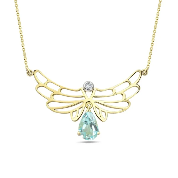 Tropfen Blauer Topasstein mit Diamant Flügel der Kraft Kette