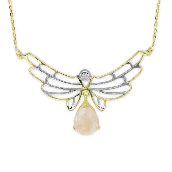 Rosenquarzstein mit Diamant Flügel des Reichtums Kette
